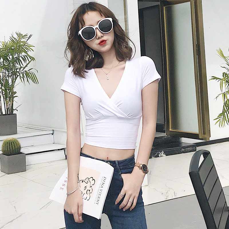 纯棉短款t恤女2026瑜伽舞蹈服设计感白色高腰露脐上衣交叉v领体桖