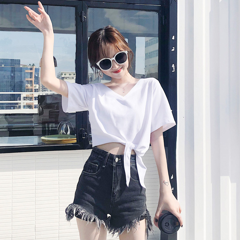 露背短袖t恤女2026新款系带绑带棉大V领口瑜伽舞蹈服短款露脐上衣