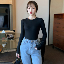 黑色长袖t恤2025新款纯棉打底衫舞蹈服修身显瘦小圆领上衣女高腰
