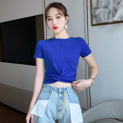 短袖短款漏腰不规则交叉打结女