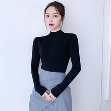 黑色长袖t恤纯棉打底衫2025新款舞蹈服修身显瘦半高领上衣女高腰