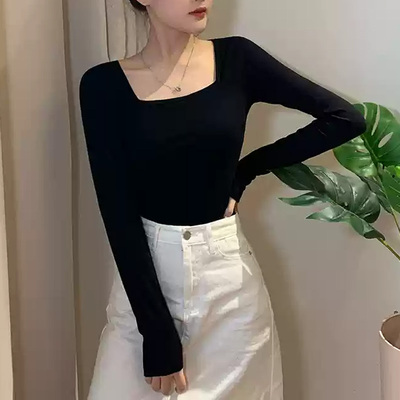 方领大v领口低胸修身长袖t恤女棉