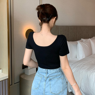 白色纯棉t恤女短袖紧身黑色上衣瑜伽前后大圆双U低领口露背打底衫