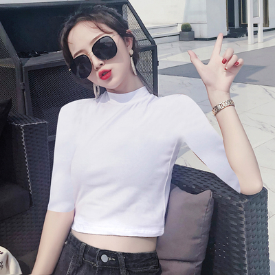 小半高领五分袖短款露脐纯棉弹力