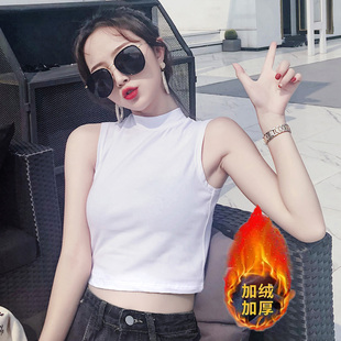 中领内搭紧身短款 加绒打底衫 露脐上衣 背心女外穿砍袖 小半高领无袖