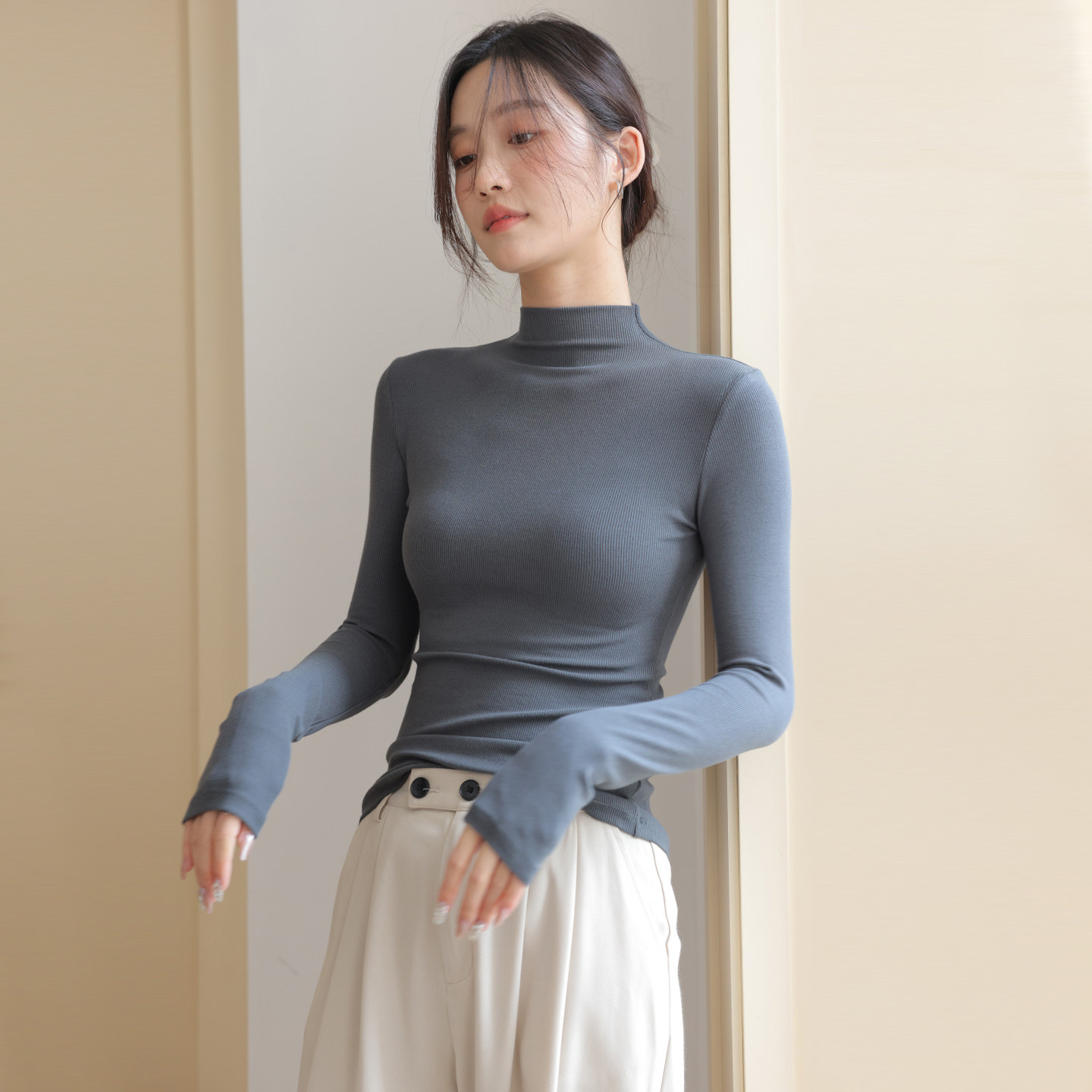 灰色高级感长袖t恤半高领女高腰