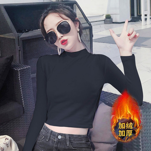 加绒加厚短款露脐长袖女外穿半高领棉内搭打底衫中领t恤上衣高腰