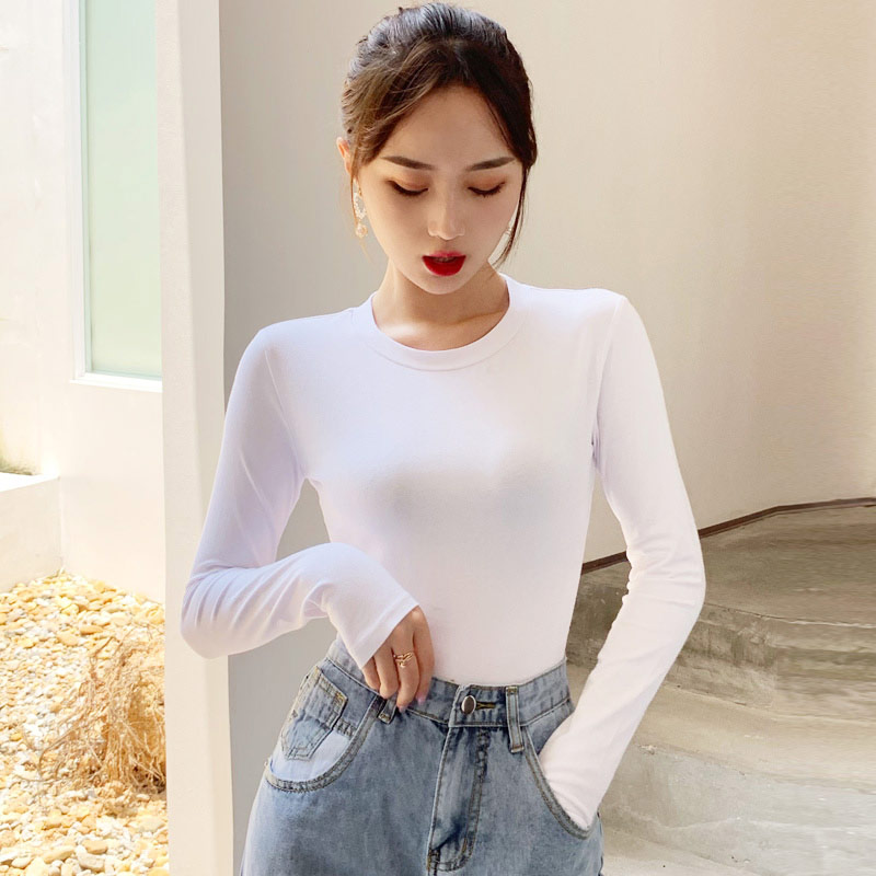 小圆领口修身长袖t恤女白色内搭