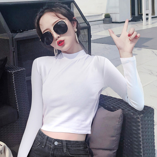 小半高领长袖女t恤黑色白色T纯棉打底衫中领内搭紧身短款露脐上衣