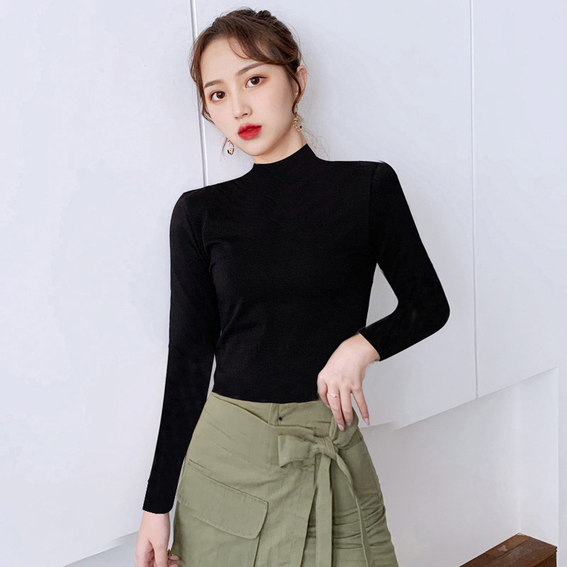 小半高领长袖t恤纯棉打底衫瑜伽舞蹈服外穿内搭中领短款上衣女冬