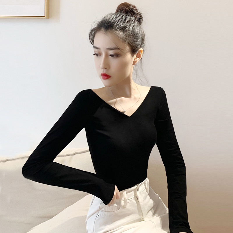 纯棉露背前后大v领低胸修身长袖