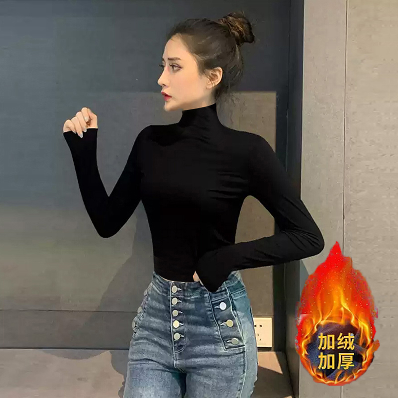 加绒加厚短款中高领长袖女保暖衣