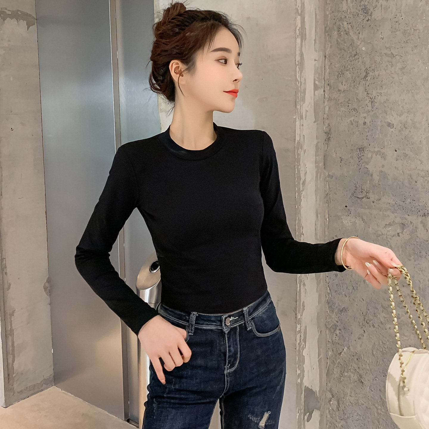 纯棉瑜伽舞蹈练功服黑色小圆领半高领修身长袖t恤女内搭打底衫冬