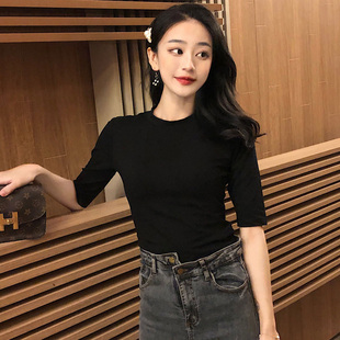 黑色白色五分中袖t恤纯棉打底衫瑜伽舞蹈服短款半高领上衣女高腰