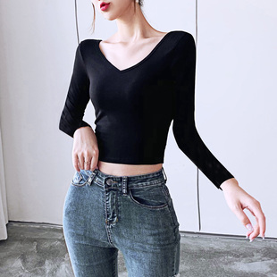 加绒加厚短款露脐长袖女外穿V领低领保暖内搭打底衫露背t恤上衣冬