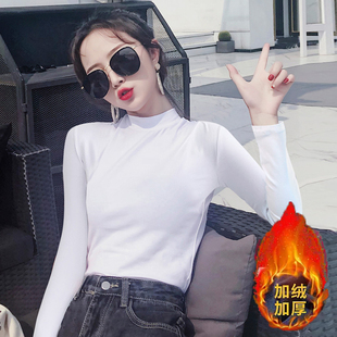 小半高领长袖女t恤黑色白色T打底衫中领内搭紧身短款加绒加厚上衣