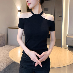 黑色短袖 体恤 t恤女纯棉短款 紧身上衣圆领一字领露肩吊带挂脖半袖