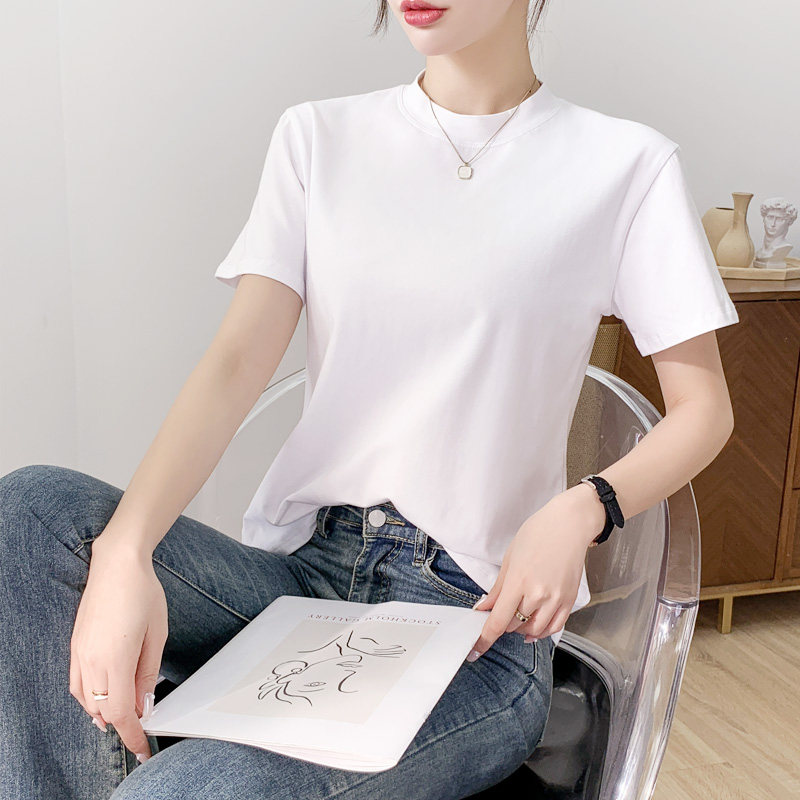 白色宽松短袖t恤纯棉打底衫瑜伽舞蹈服修身显瘦半高领上衣女高腰