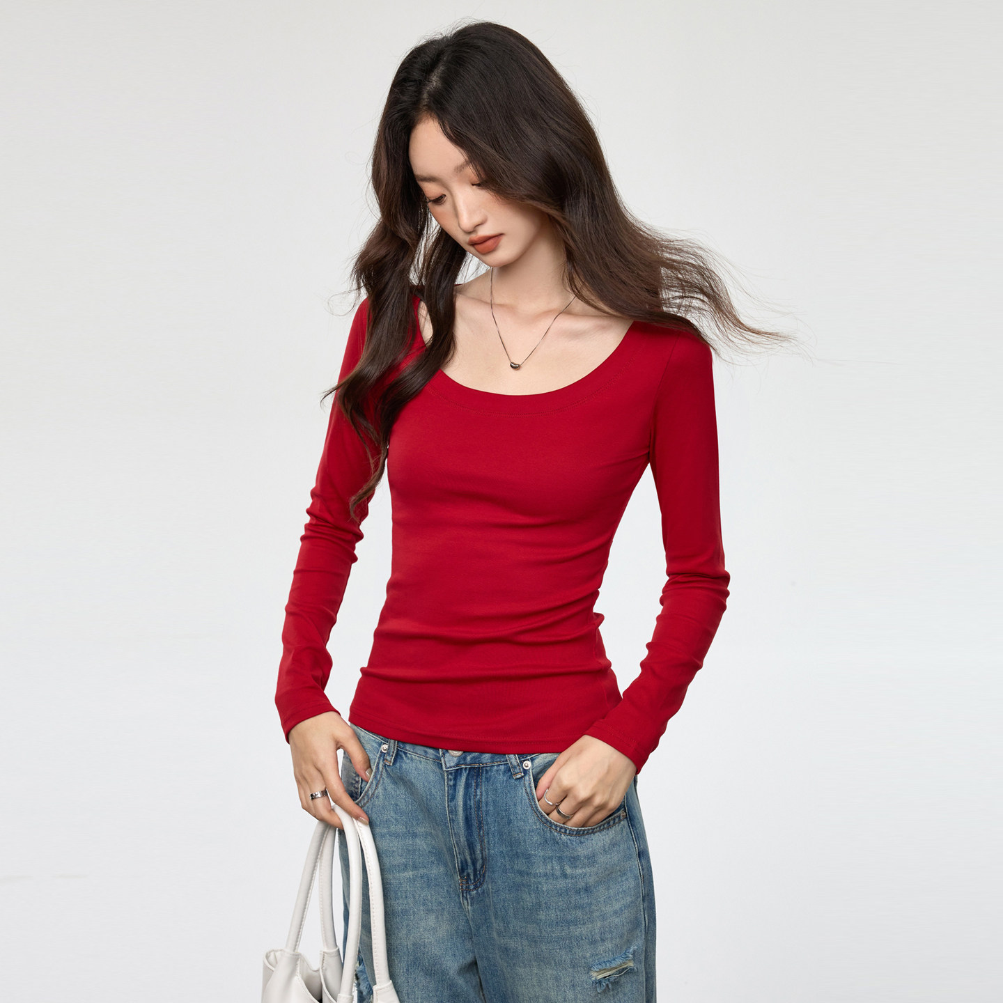 纯棉瑜伽舞蹈练功服高级感大u领口低胸修身长袖t恤女内搭打底衫冬,女装/女士精品,T恤,淘宝优惠券,粉丝福利购,淘宝优惠卷