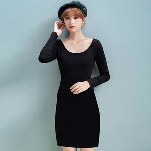 中长款性感包臀大圆双U低领口纯棉春秋冬女T恤长袖修身连衣裙露背