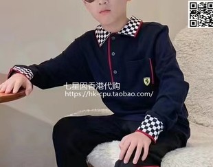 23秋冬新品 撞色棋盘格翻领男童长袖 休闲Polo衫 ferrari法拉利代购