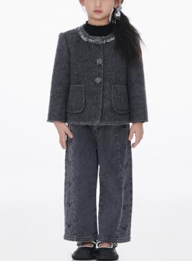 FF&DD代购24秋冬童装小香风套装灰色系三件套装精致高端大气女孩