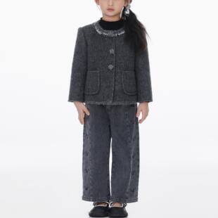 FF&DD代购24秋冬童装小香风套装灰色系三件套装精致高端大气女孩