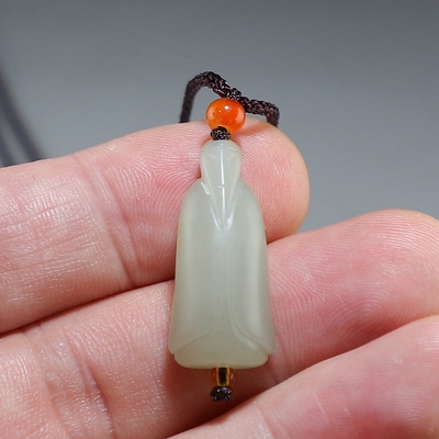 [鸿运当头]和田玉籽料手工雕刻翁仲吊坠 新疆青白玉吊坠 楼叔孤品