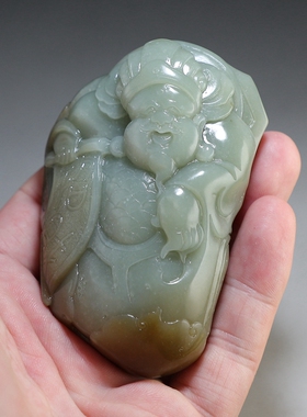 [原创]天然和田玉纯手工雕刻财神手把件 糖青白玉手玩件 楼叔孤品
