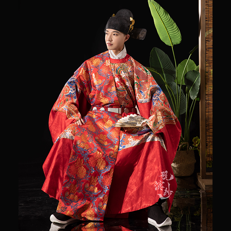 【砚滨纱】明制汉服婚服圆领袍搭配结婚仿妆花缎结婚披挂披红盖头_虎窝淘