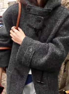 韩国东大门秋冬新款圈圈呢连帽牛角扣中长款韩版大衣