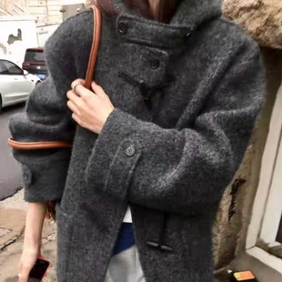 韩国东大门秋冬新款圈圈呢连帽牛角扣中长款韩版大衣