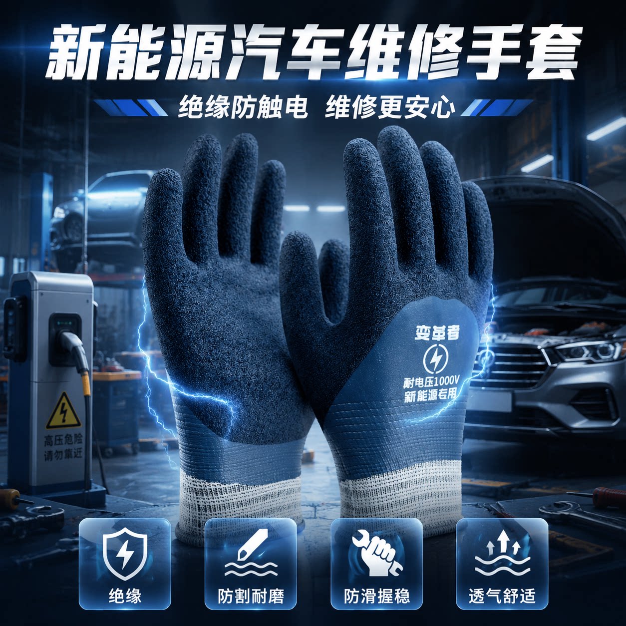 新能源汽车维修手套1000v绝缘防触电加厚耐磨防滑工业防护手套