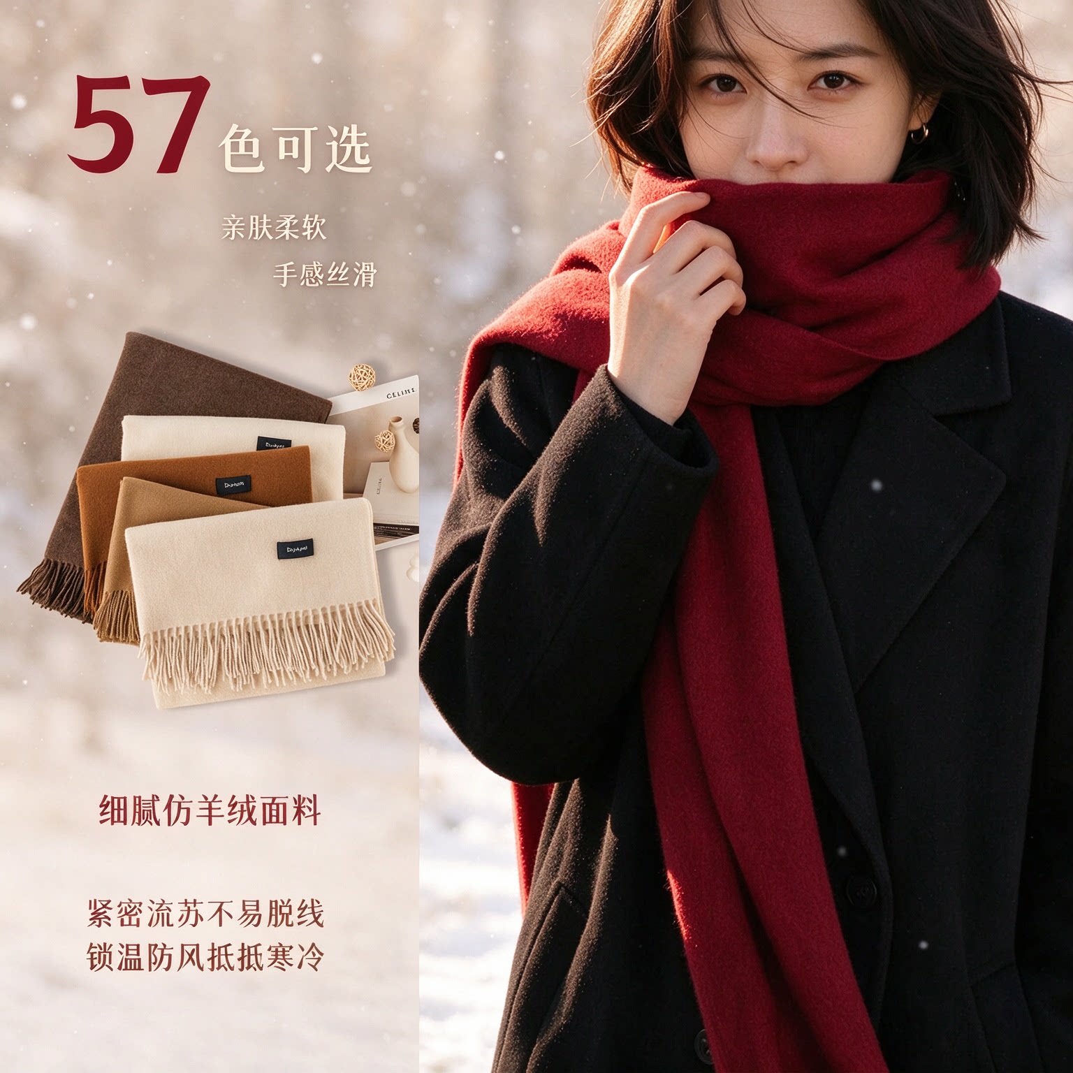 春秋新款羊绒感纯色围巾韩系氛围感红色女高级感冬季围脖女士披肩