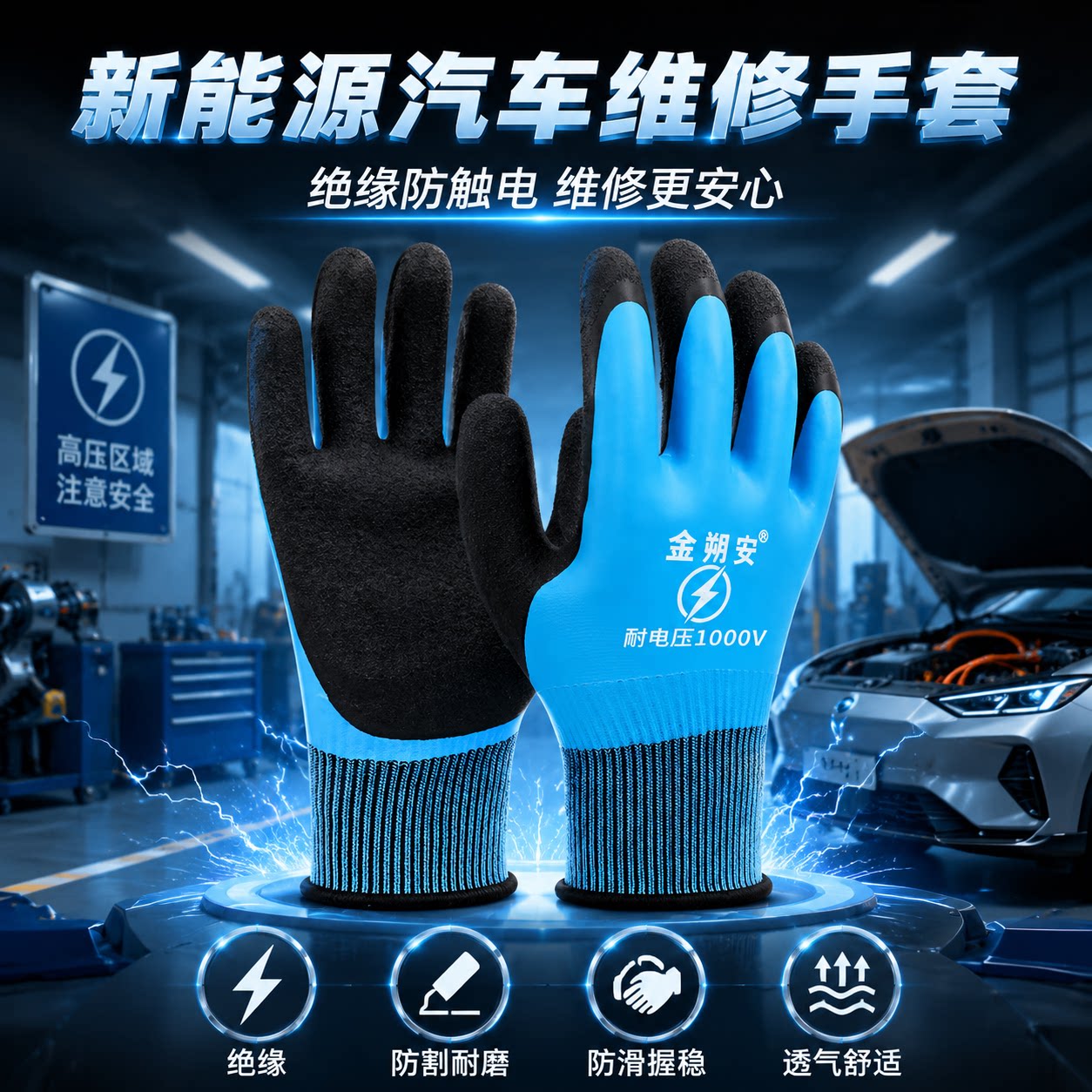 新能源汽车维修手套1000v绝缘防触电加厚耐磨防滑工业防护手套