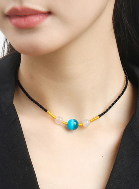 逸水红颜玛瑙猫眼石女项链锁骨链