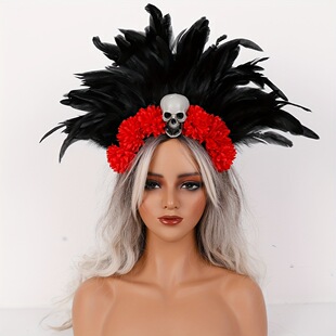 恐怖骷髅头仿真花羽毛发箍装饰头饰适合万圣节化妆舞会狂欢节游行