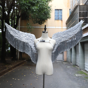 仙女拍照演出写真银色天使仿真羽毛翅膀带流苏款cos特大号道具