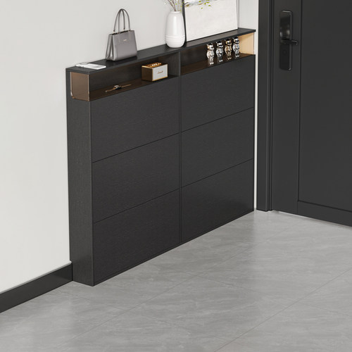 黑色实木超薄小户型极窄款鞋柜