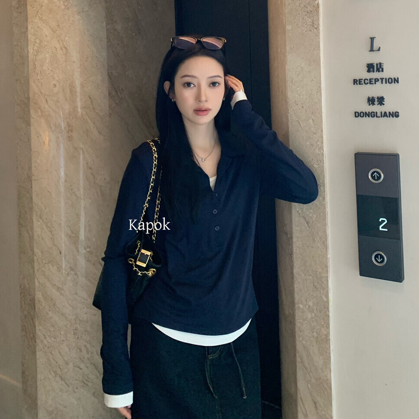 莱塞尔+羊毛!KAPOK 秋季polo领显瘦假两件上衣小衫 25578