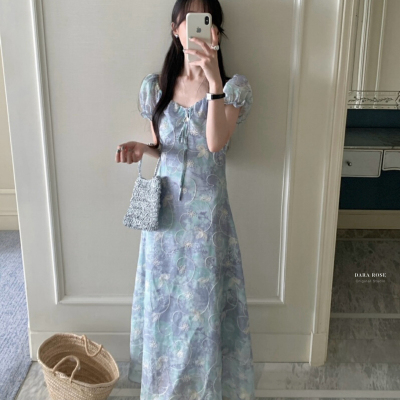 正品 DARA ROSE 夏季法式复古风V领修身小花印花长款连衣裙 5959