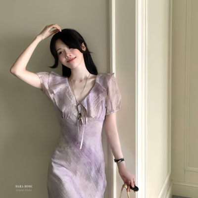 正品 DARA ROSE 夏季定染雾紫色荷叶边肌理触感短袖连衣裙 S9081