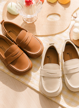 NJ童品 韩国bs 车缝线圆头休闲男女儿童软底白色皮鞋公主春秋 208