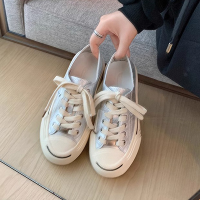 【sheii苏茵茵】~女鞋2024春夏季开口笑厚底休闲帆布板鞋女小白鞋