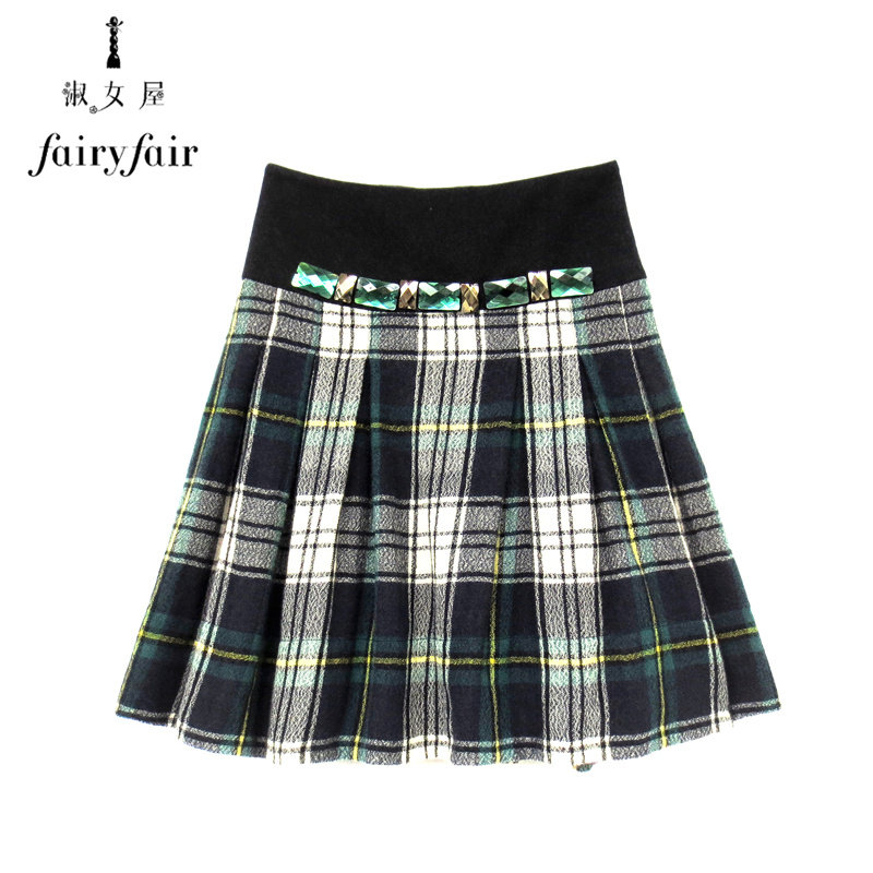 春款 FAIRYFAIR 专柜正品 绿黑白格百褶钉珠半身单裙