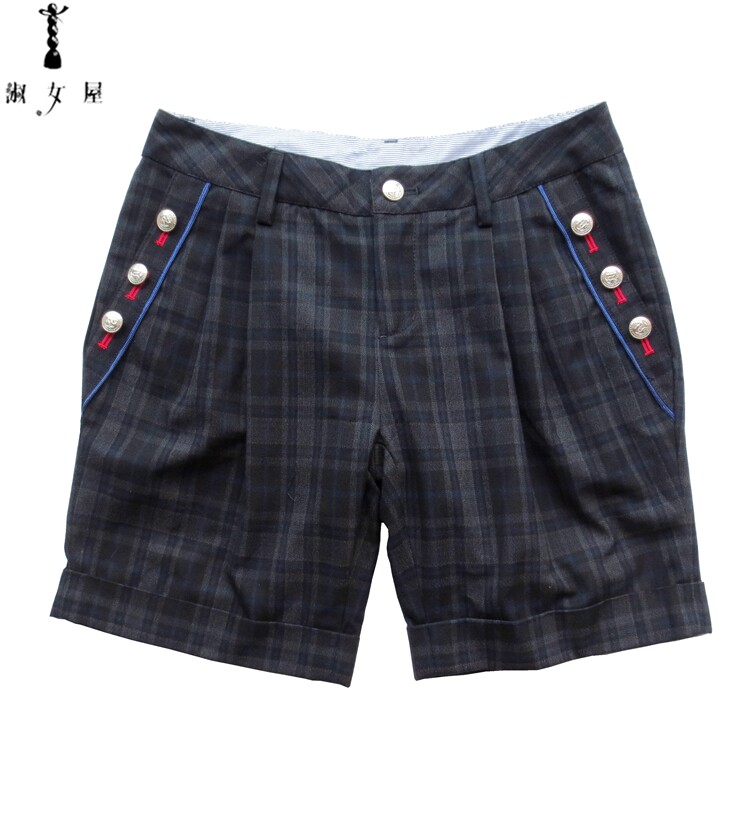 特价清仓100元三件淑女屋正品格子口袋毛呢低腰修身休闲四分靴裤