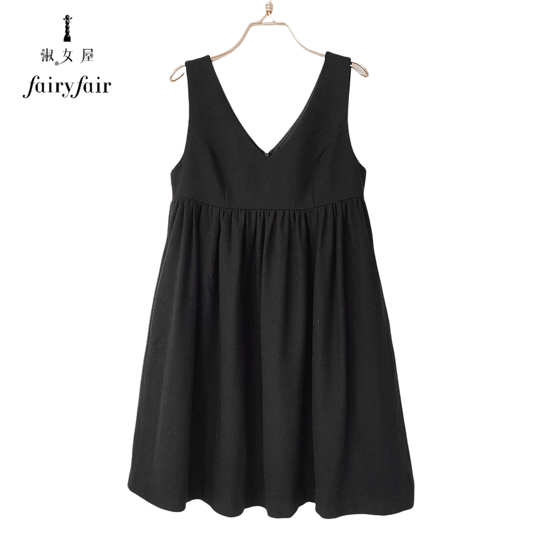 FAIRYFAIR正品黑色V领连衣裙女高腰背心裙质感羊毛呢优雅秋冬季