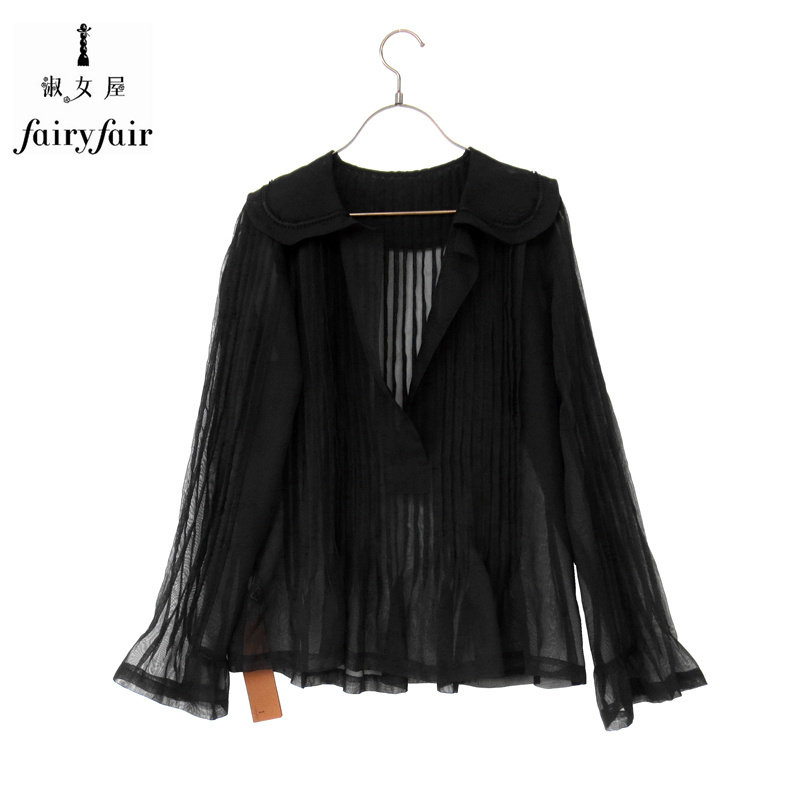 FAIRYFAIR专柜正品夏季黑色性感深V领百褶雪纺上衣喇叭袖袖衬衫女