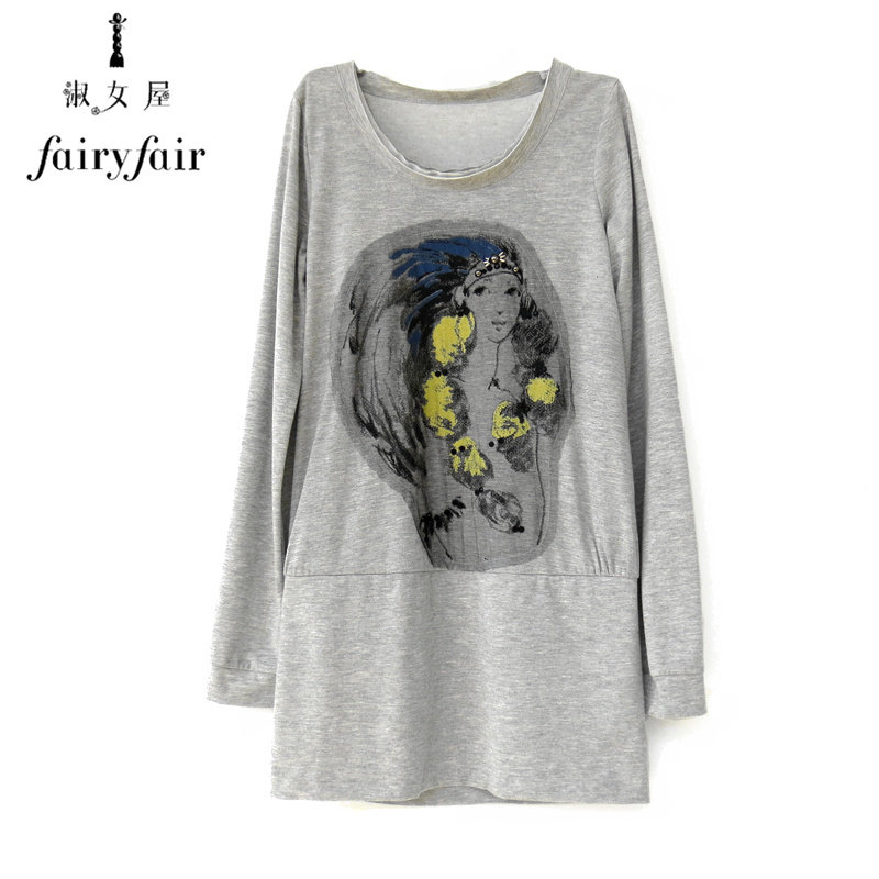 FAIRYFAIR正品春装订珠网纱复古美女图案灰色中长款长袖T恤针织衫