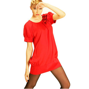 FAIRYFAIR正品经典大红色网纱玫瑰花苞短款双层雪纺短袖连衣裙